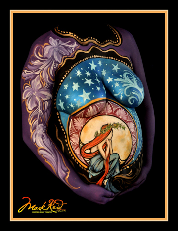 pregnant woman in body paint featuring a night sky and woman sitting in front of a full moon rising