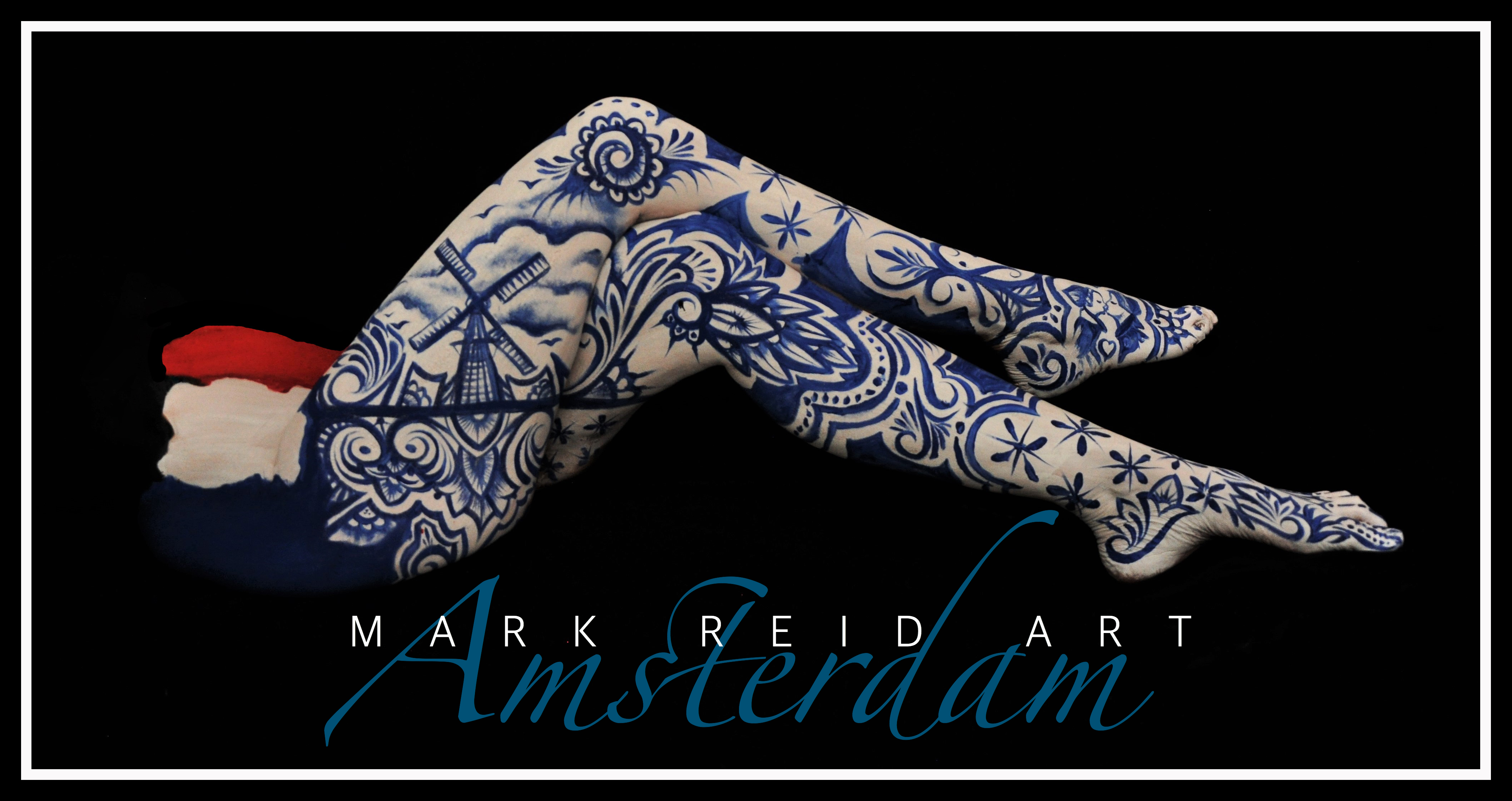 A side view of painted womans legs that when crossed shows a dutch winmill and other fine detail in the style of fine china