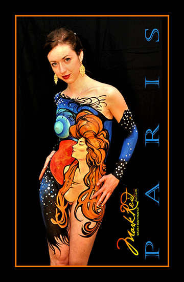 Brunette in colorful full body paint in Paris