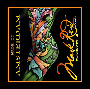 Image of a colorful full body painting of a woman labeled in Made In Amsterdam